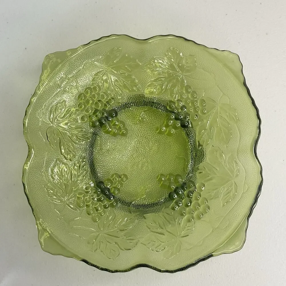 Vintage Anchor Hocking Green Footed Grape And Leaves Serving Bowl Trinket Dish